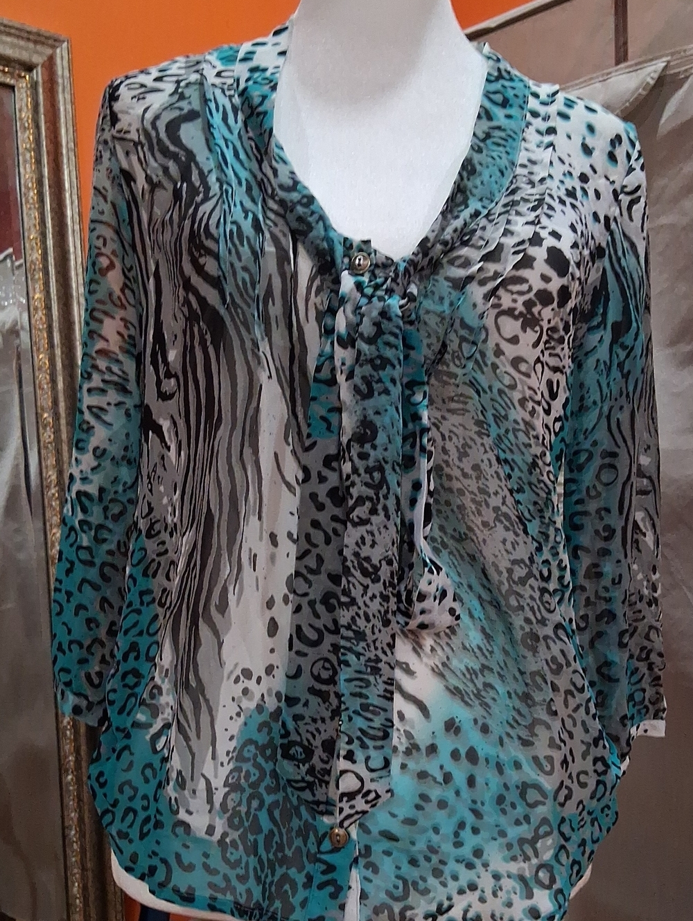 G by Guess Teal, Black and White Animal Print Tie-Neck Blouse